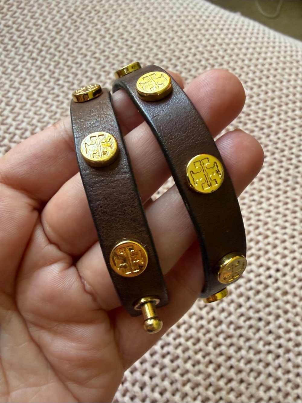 Tory Burch Dark Brown Leather Wrap Bracelet with Gold Logo Studs